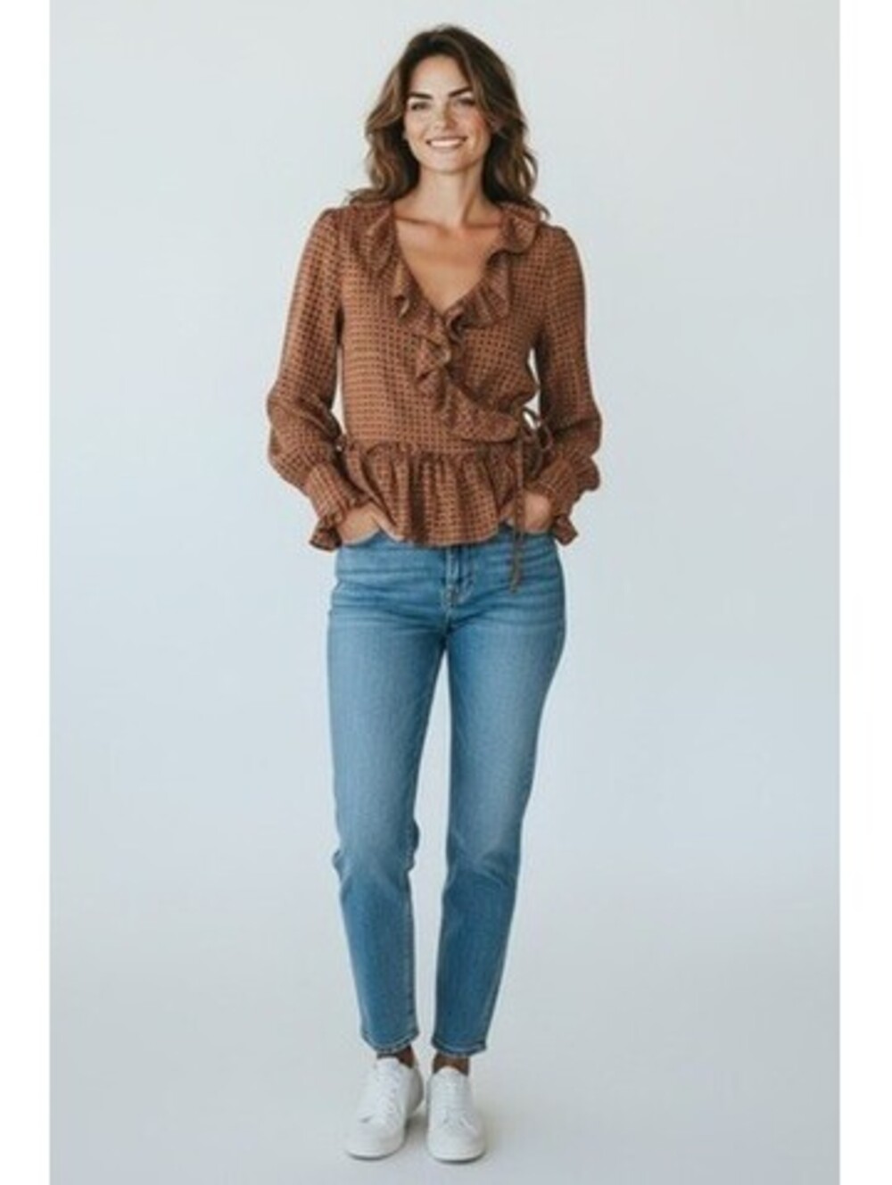 Everleigh Women's Brown Patterned Ruffle Wrap Blouse Size Small